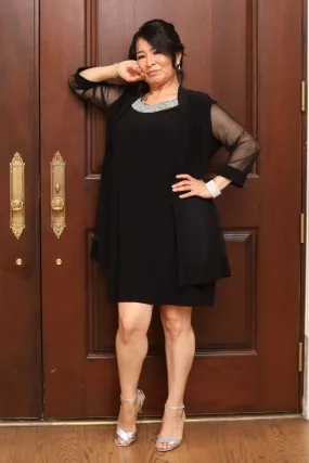 Women Beaded Neck Jacket Dress with Sheer Sleeves