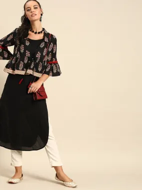 Women Black Calf Length Three-Quarter Sleeves Straight Floral Printed Cotton Kurta With Jacket