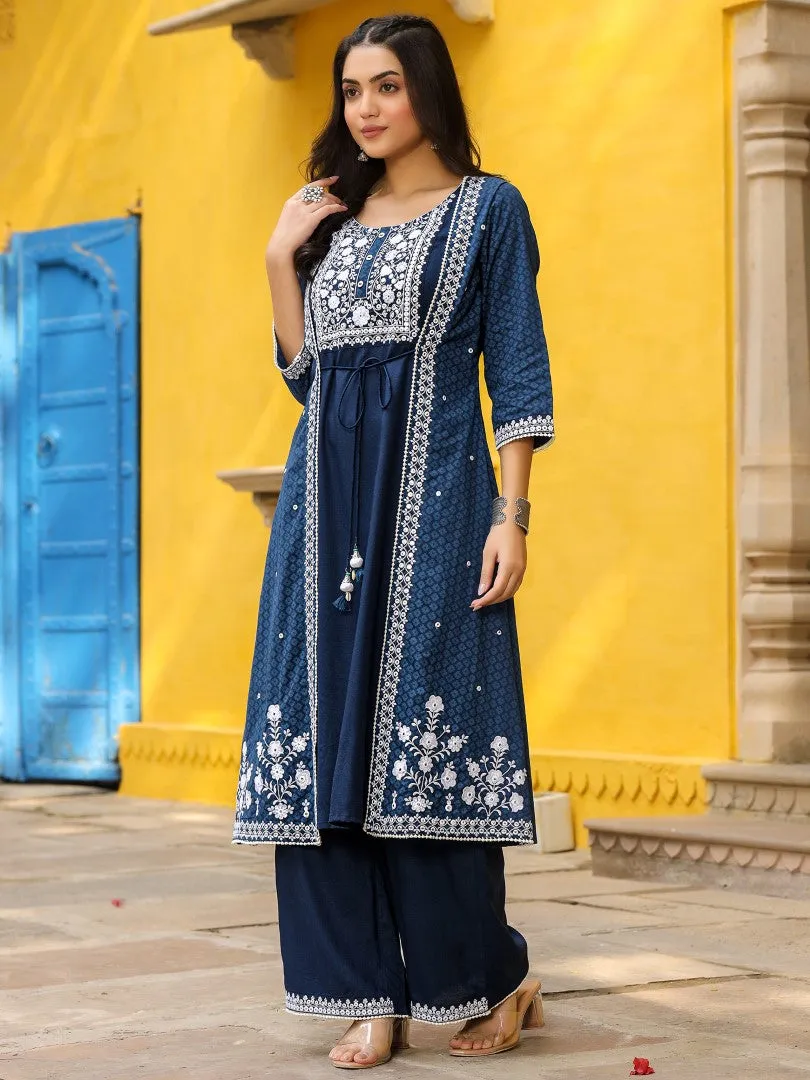 Women Blue Cotton Cambric Embroidered Jacket Style Kurta & Palazzo Set