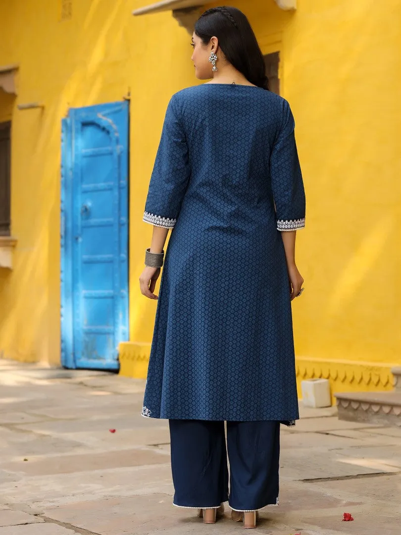 Women Blue Cotton Cambric Embroidered Jacket Style Kurta & Palazzo Set