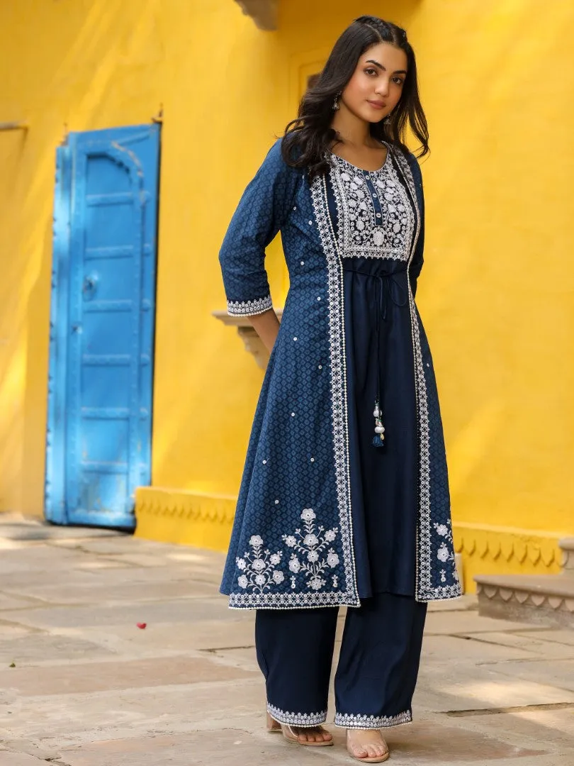 Women Blue Cotton Cambric Embroidered Jacket Style Kurta & Palazzo Set