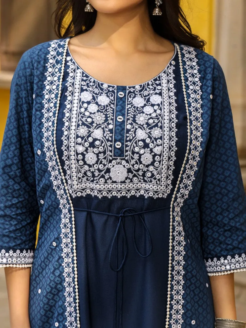 Women Blue Cotton Cambric Embroidered Jacket Style Kurta & Palazzo Set