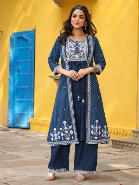 Women Blue Cotton Cambric Embroidered Jacket Style Kurta & Palazzo Set