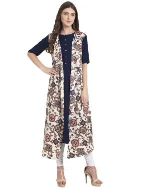 Women Blue Half Sleeve Crepe Kurta With White Printed Long Crepe Jacket