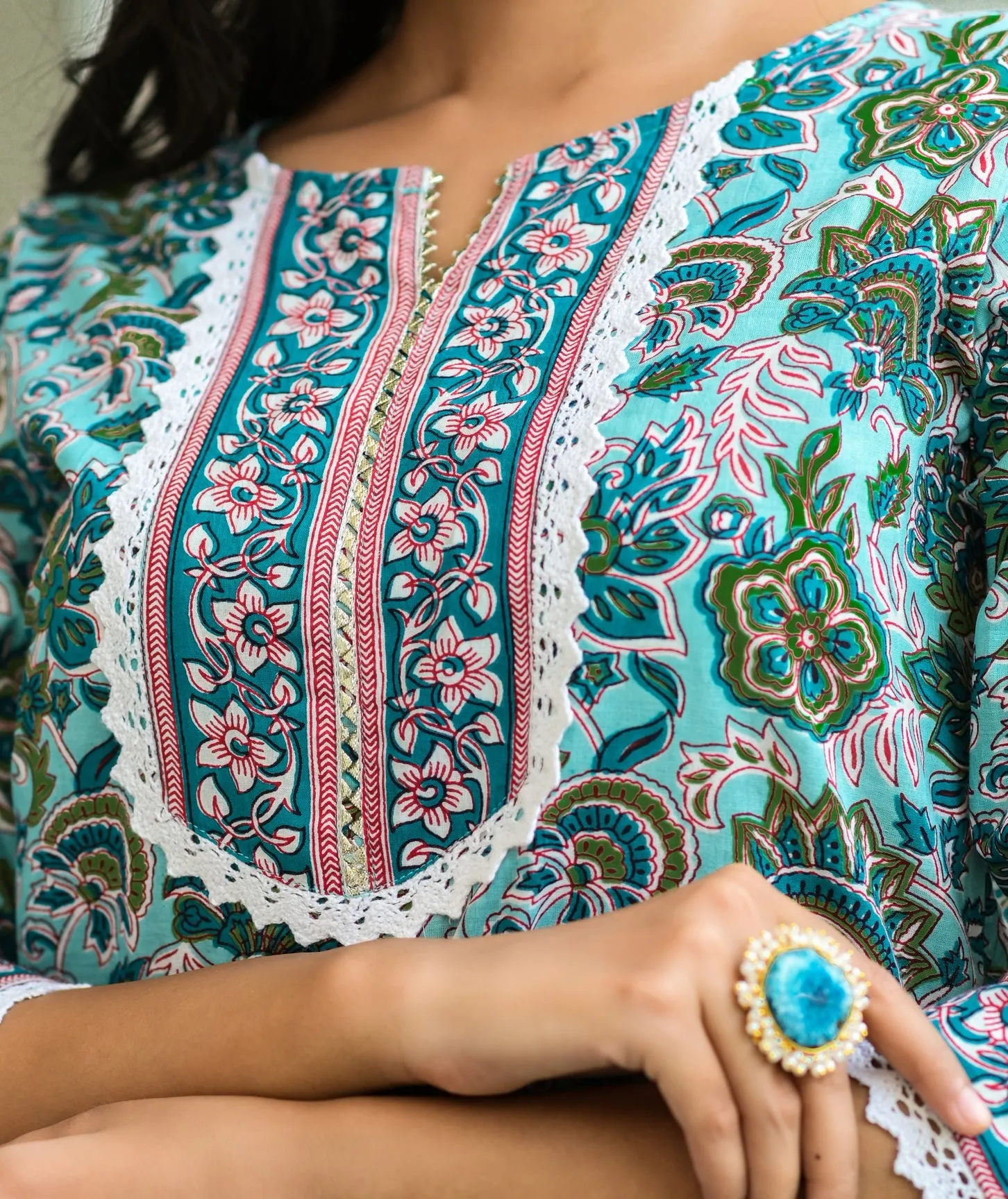 Women Blue Handblock Printed Dupatta Set