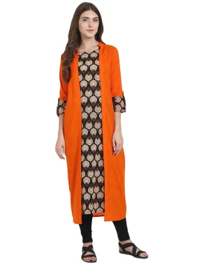 Women Brown Printed Cotton Kurta With 3/4Th Sleeve Orange Long Jacket