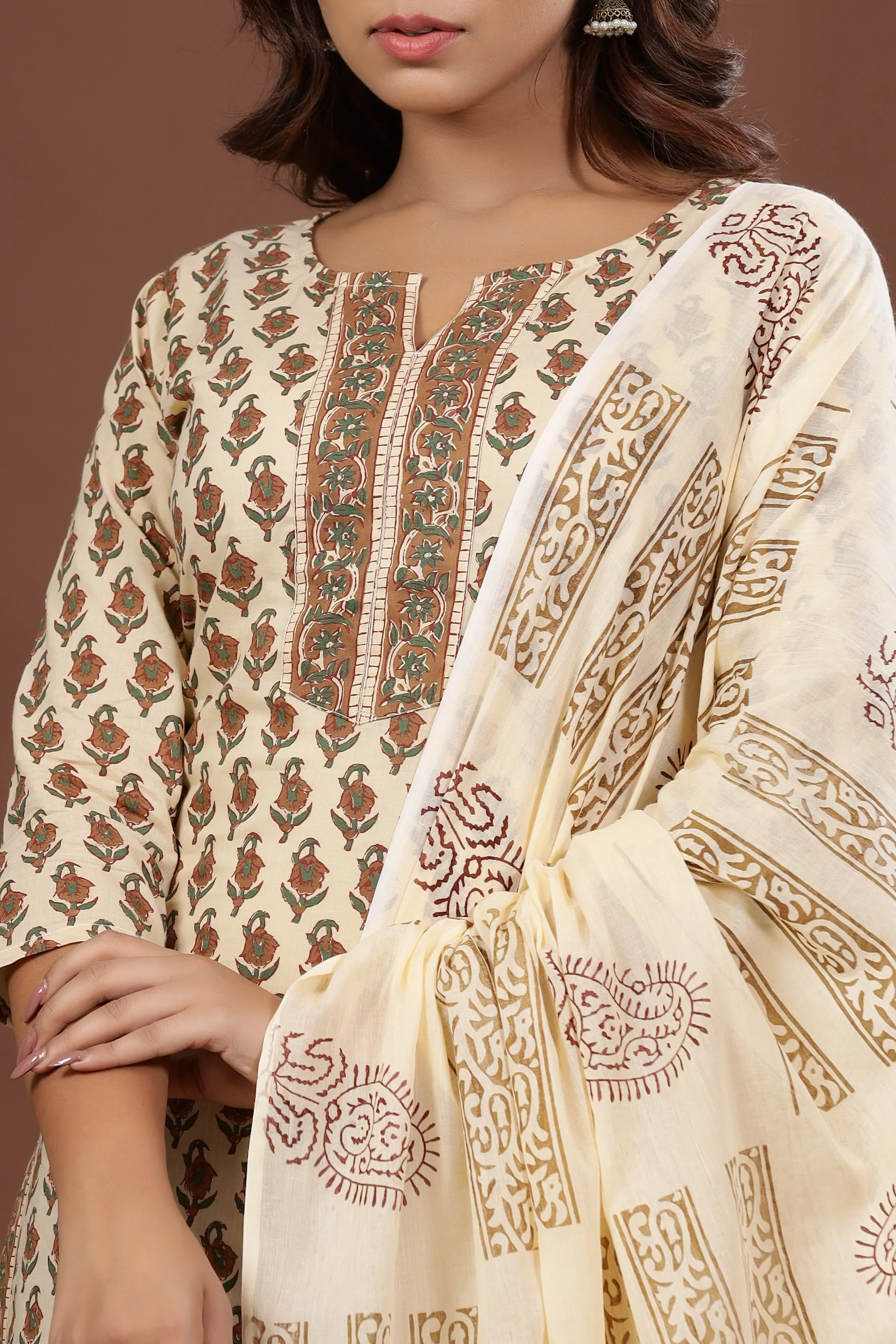 Women Brown Printed Dupatta Set