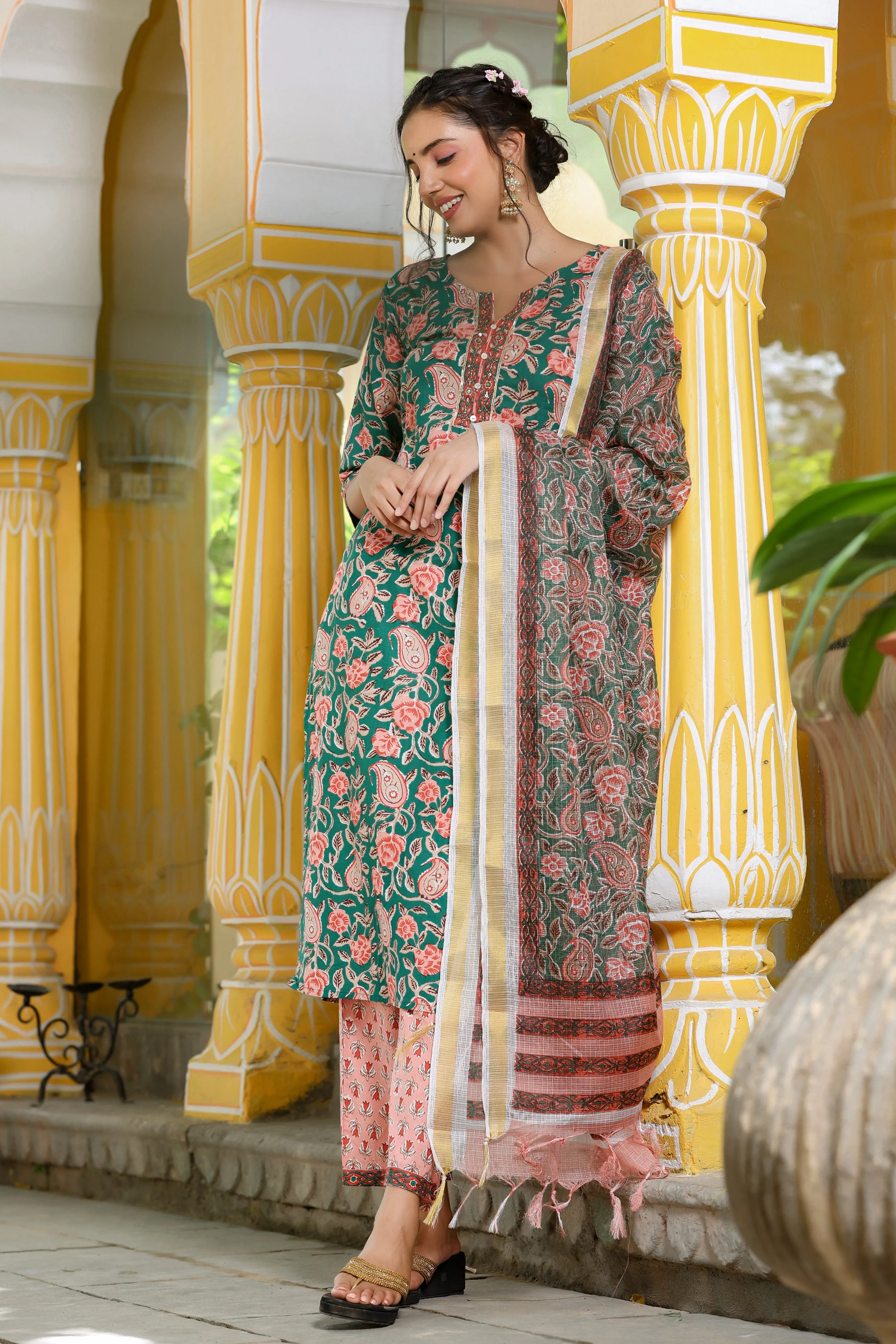 Women Green Printed Dupatta Set