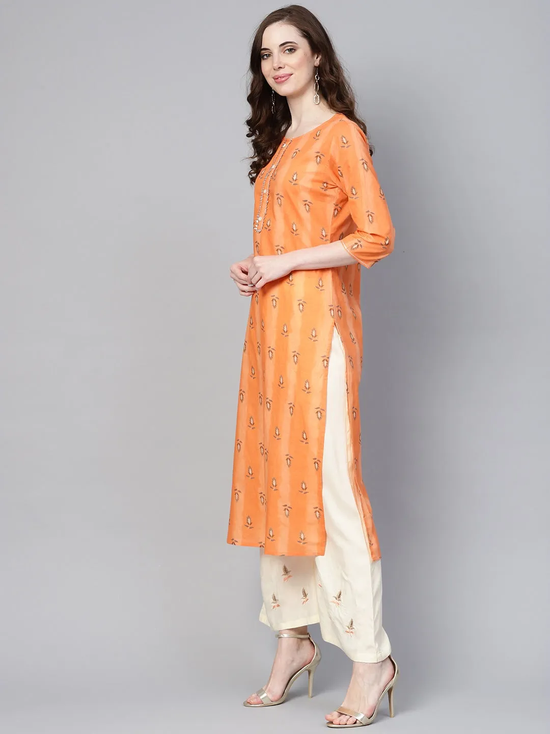 Women Orange & Cream Printed Kurta Set