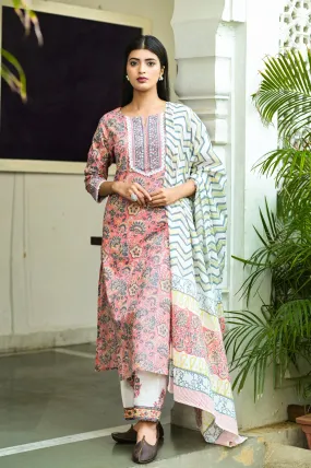 Women Peach Handblock Printed Dupatta Set