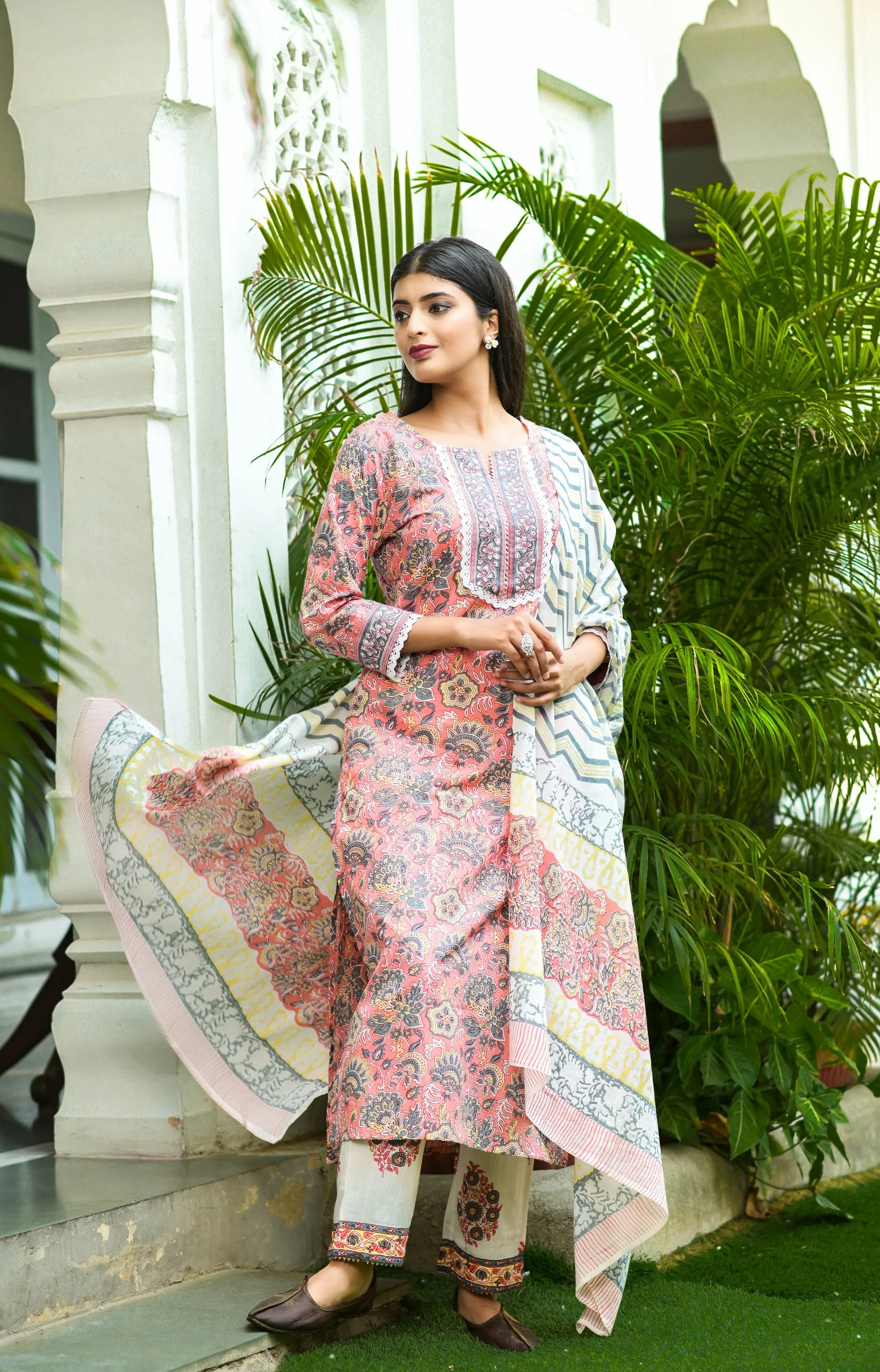 Women Peach Handblock Printed Dupatta Set