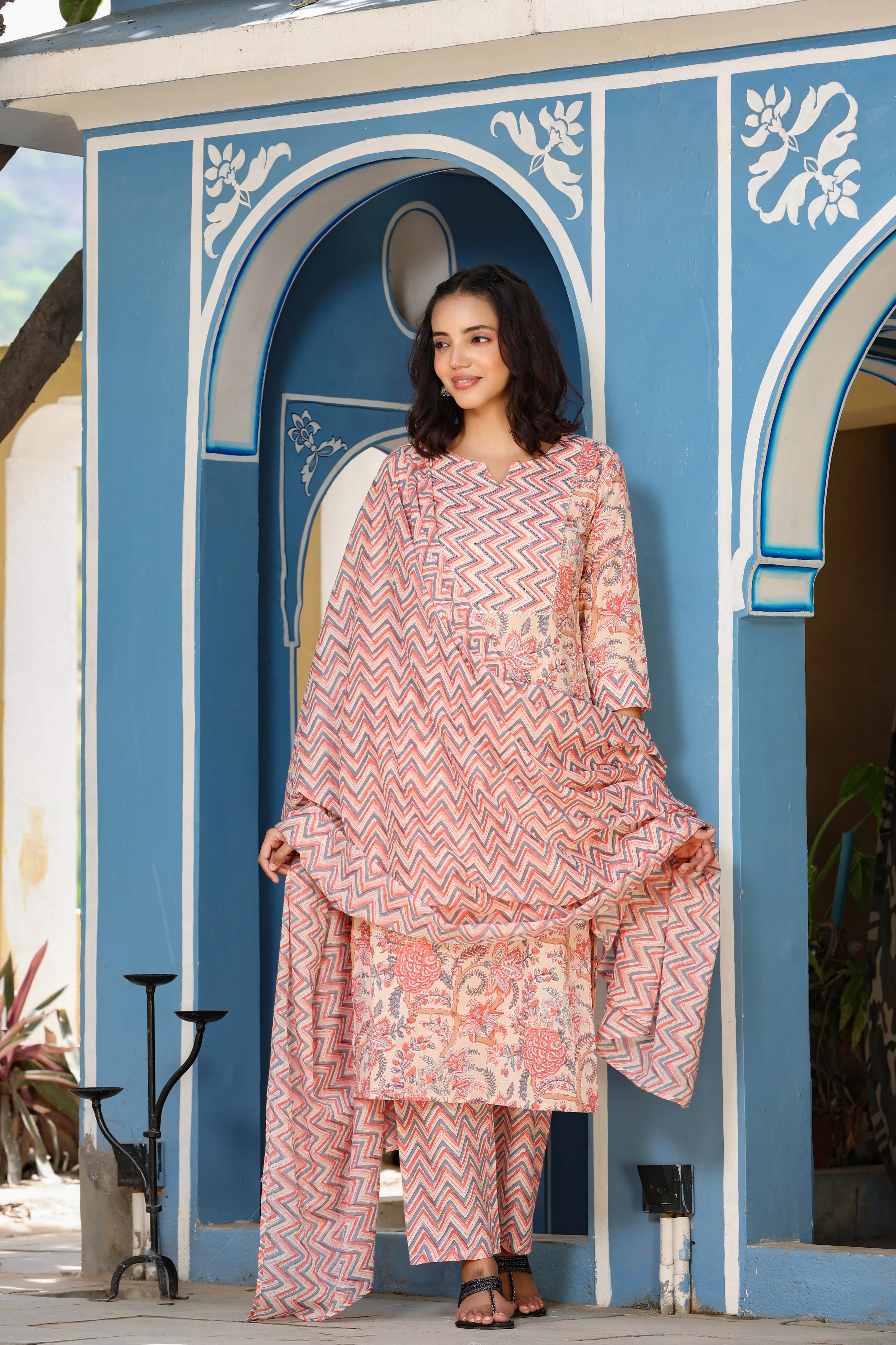 Women Peach Printed Dupatta Set
