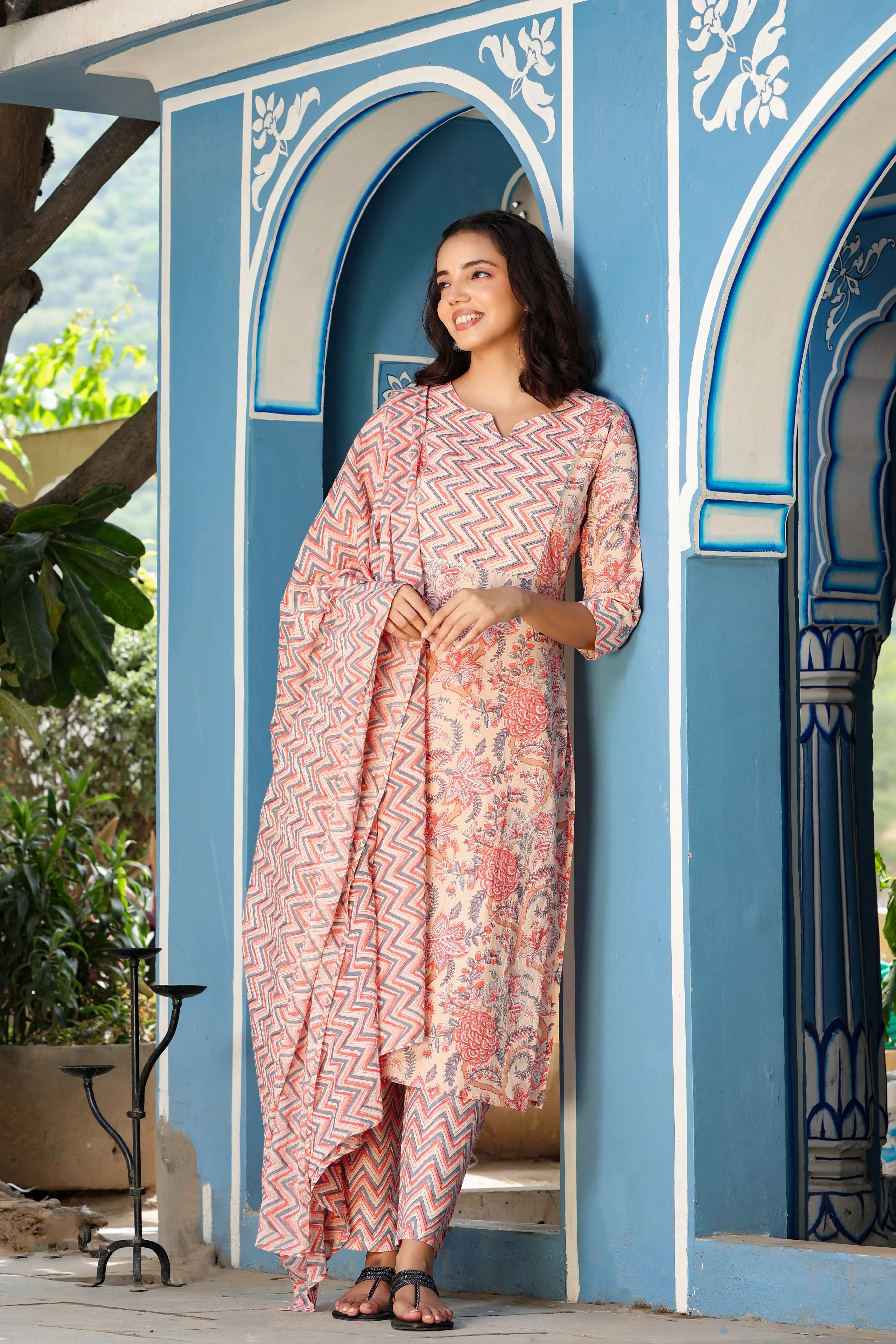 Women Peach Printed Dupatta Set