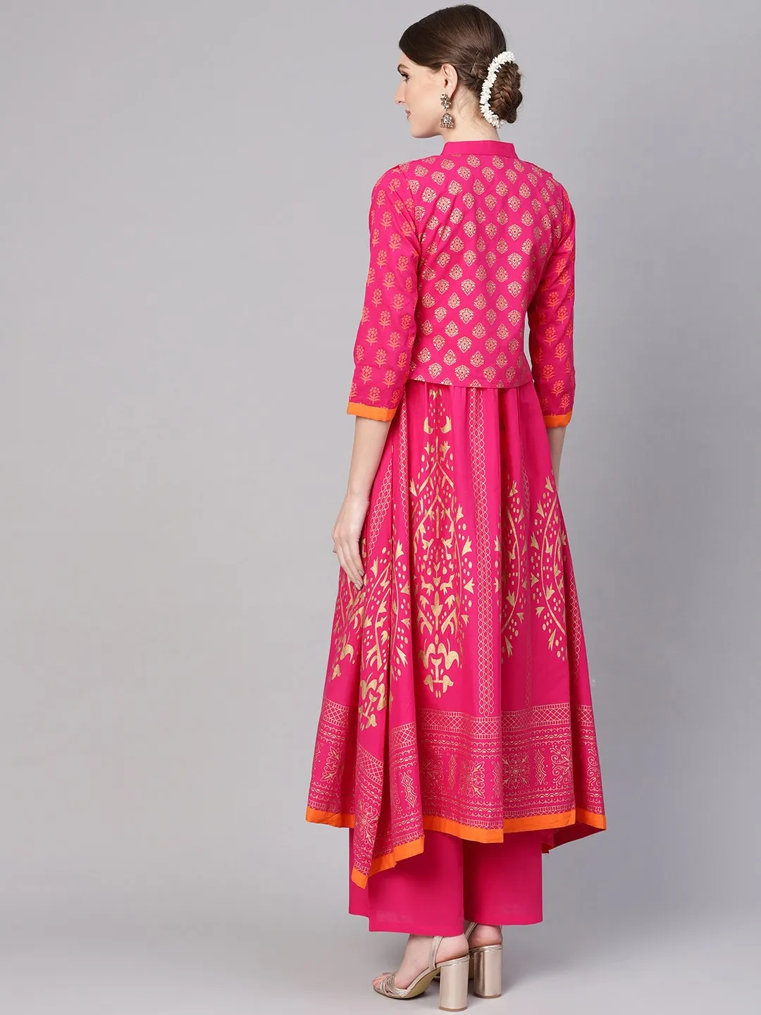Women Pink & Golden Block Print Kurta With Palazzos & Ethnic Jacket