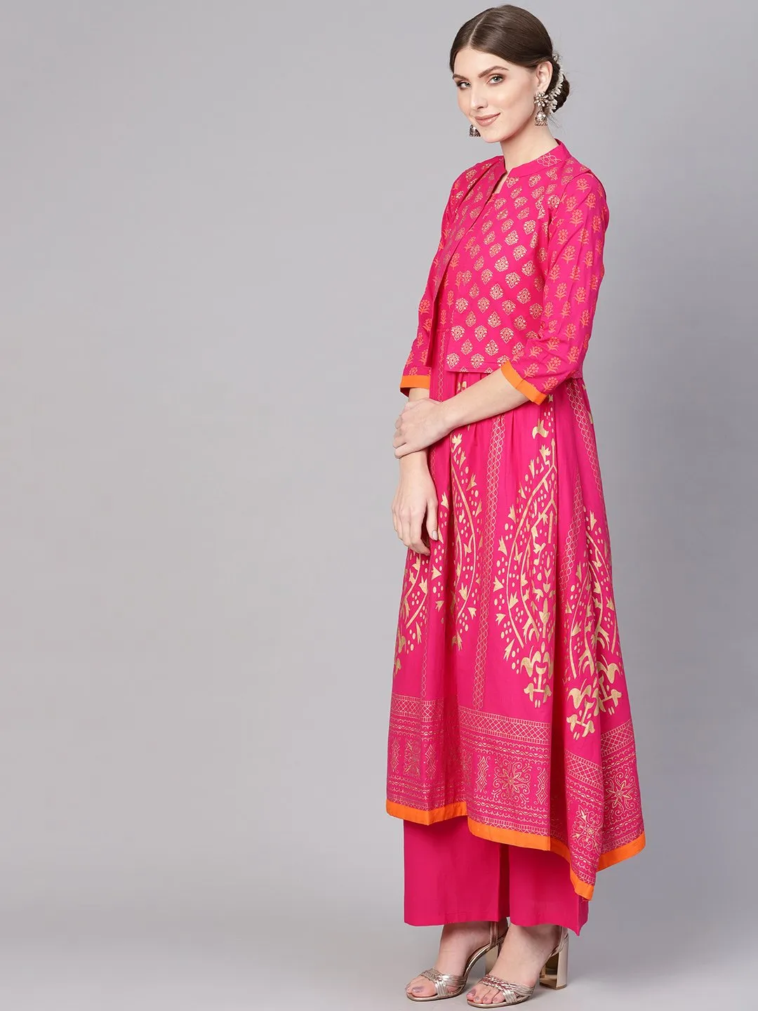 Women Pink & Golden Block Print Kurta With Palazzos & Ethnic Jacket