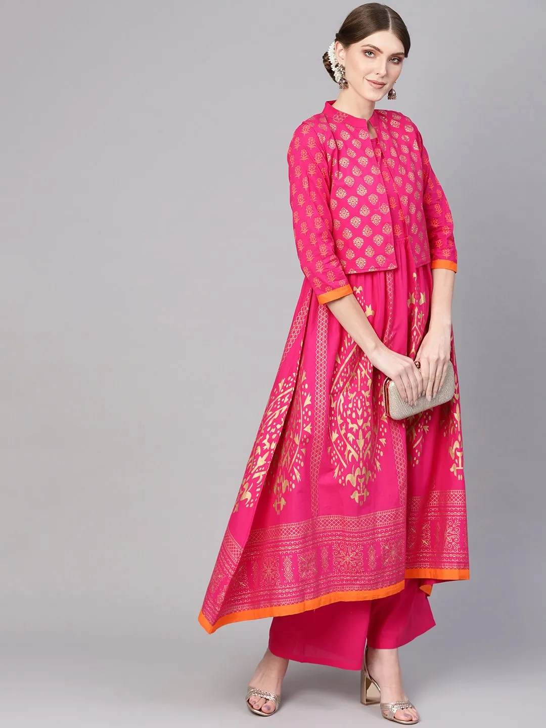 Women Pink & Golden Block Print Kurta With Palazzos & Ethnic Jacket