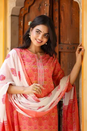 Women Pink & Offwhite Handblock Printed Dupatta Set