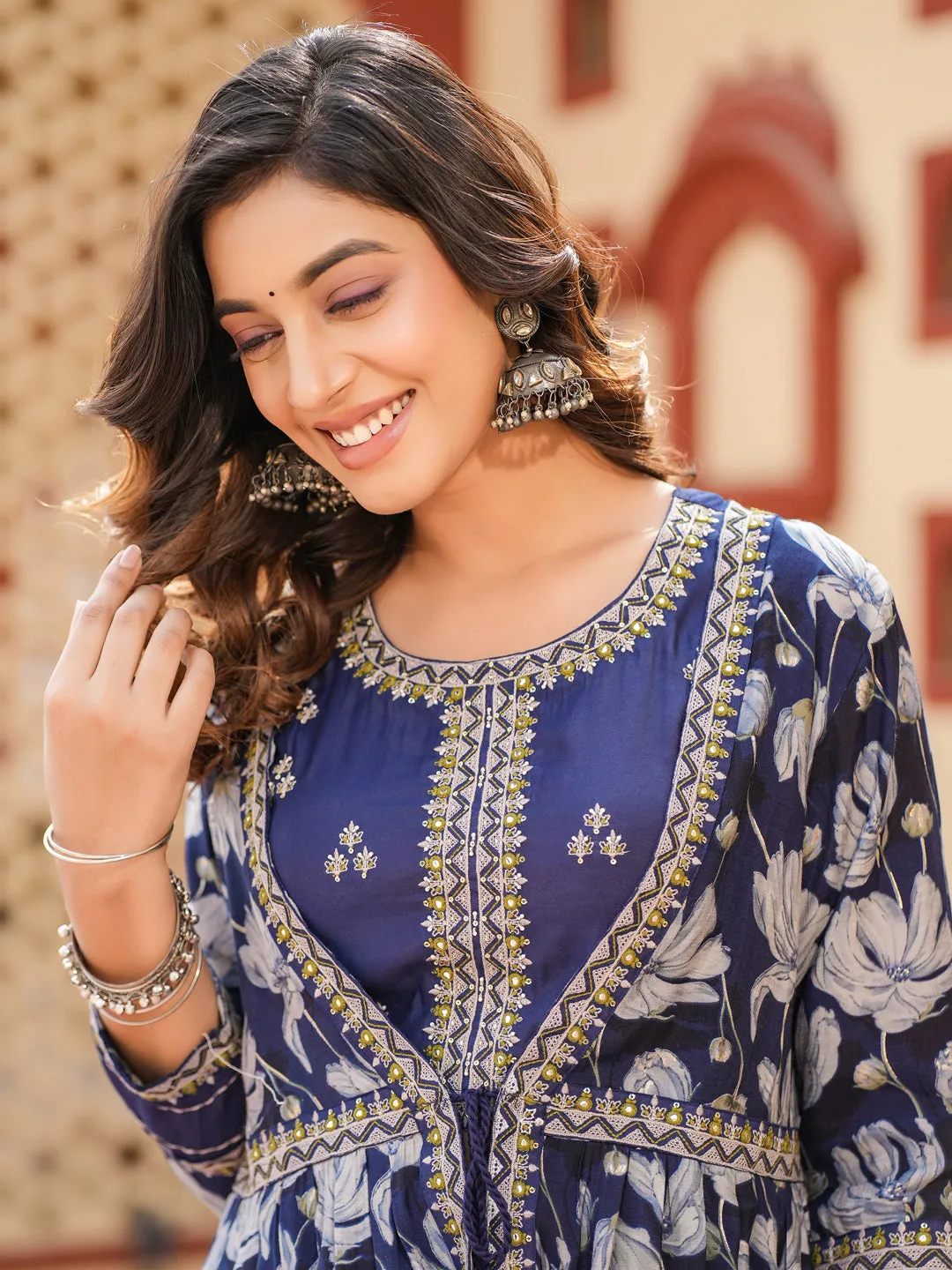 Women Woman Blue Embroidered shrug Crop top co ord set