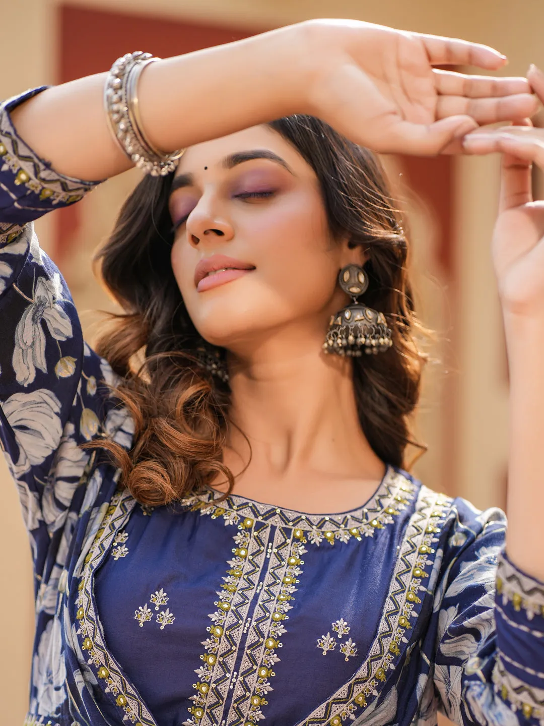 Women Woman Blue Embroidered shrug Crop top co ord set