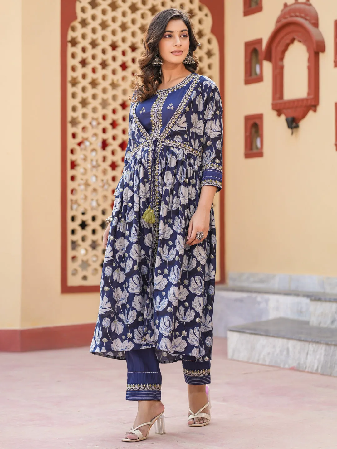 Women Woman Blue Embroidered shrug Crop top co ord set