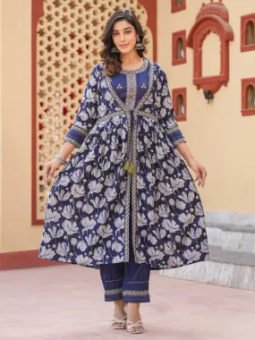 Women Woman Blue Embroidered shrug Crop top co ord set