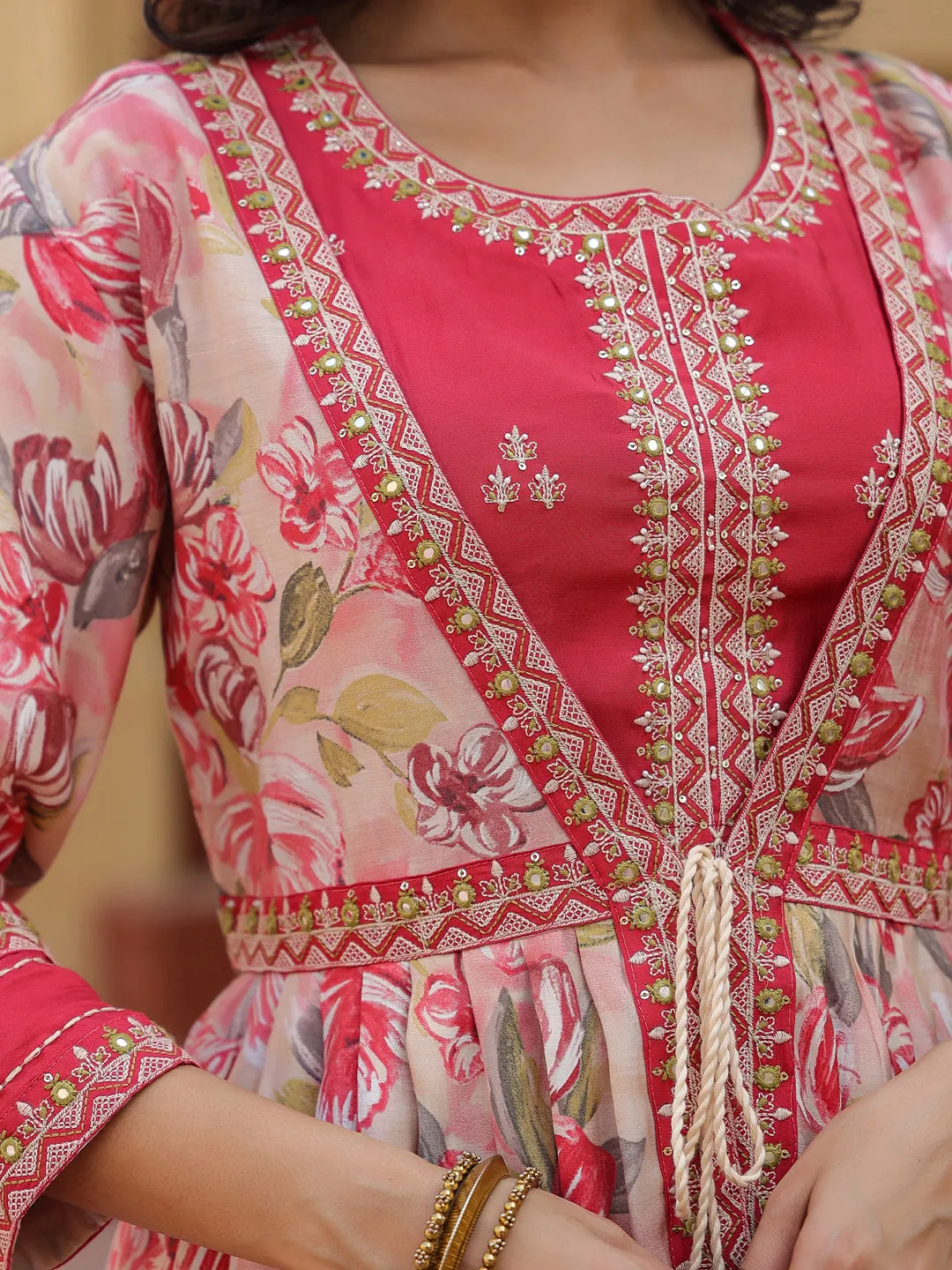 Women Woman Pink Embroidered shrug Crop top co ord set