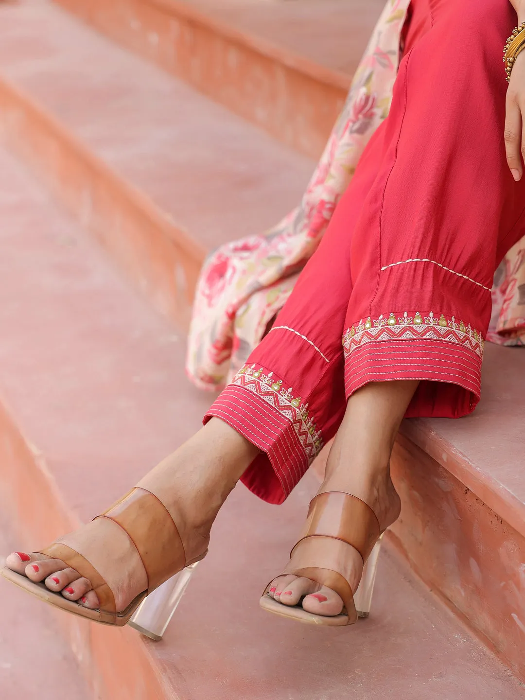 Women Woman Pink Embroidered shrug Crop top co ord set