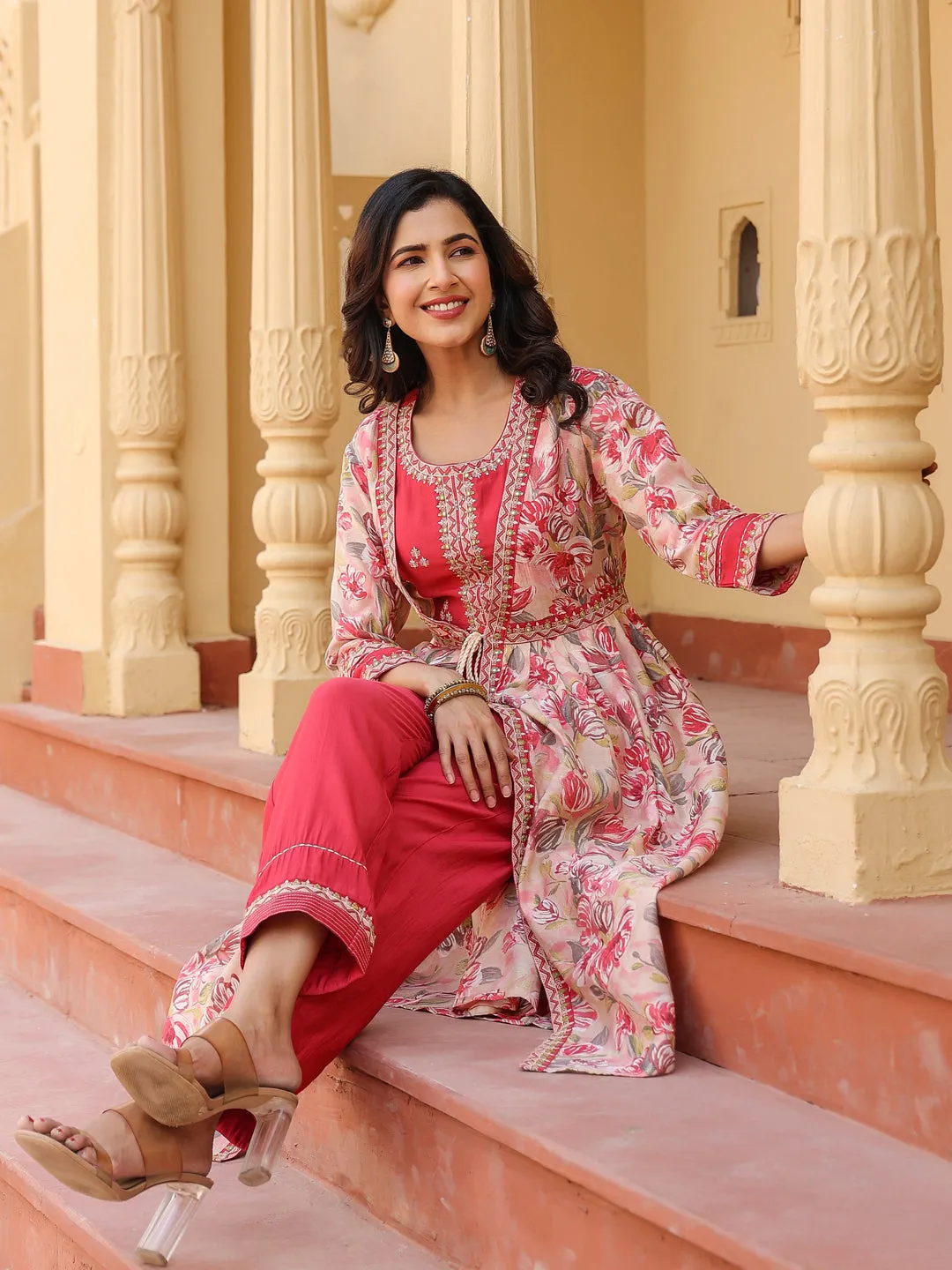 Women Woman Pink Embroidered shrug Crop top co ord set
