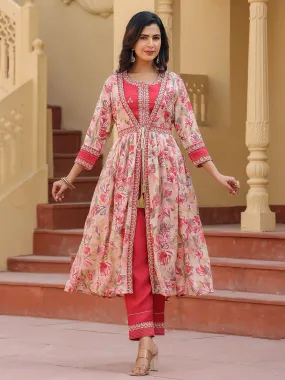 Women Woman Pink Embroidered shrug Crop top co ord set