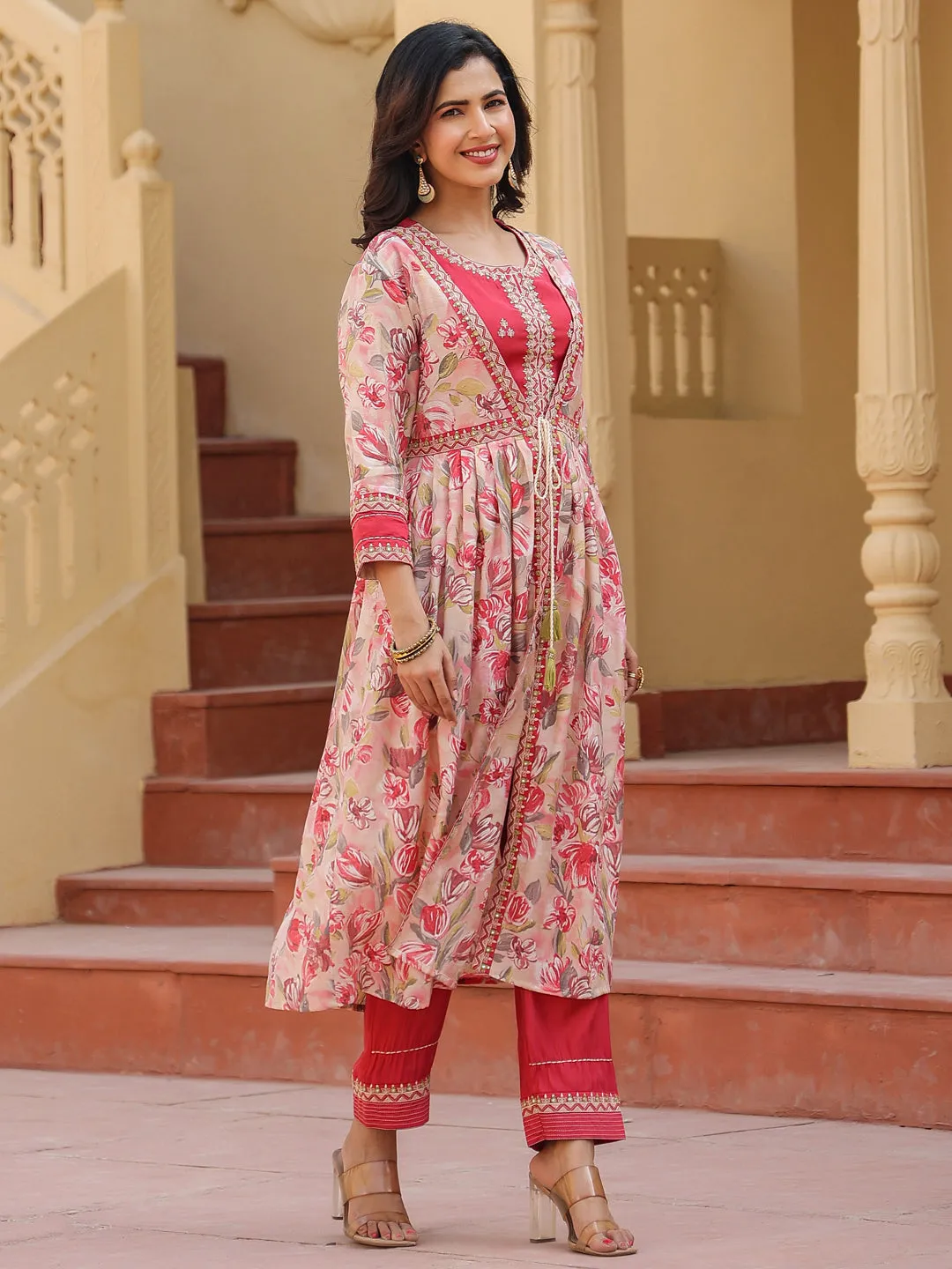 Women Woman Pink Embroidered shrug Crop top co ord set