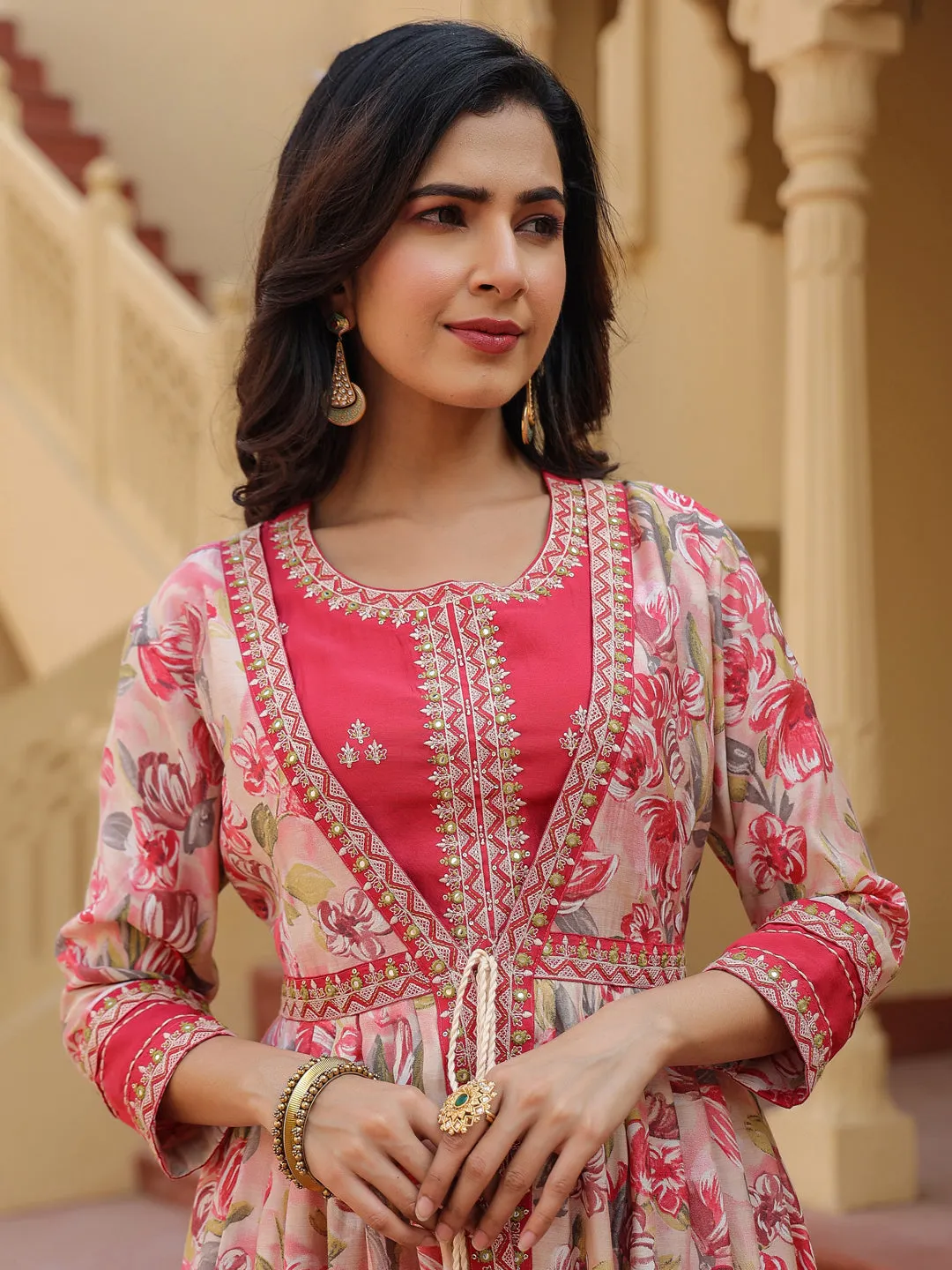 Women Woman Pink Embroidered shrug Crop top co ord set
