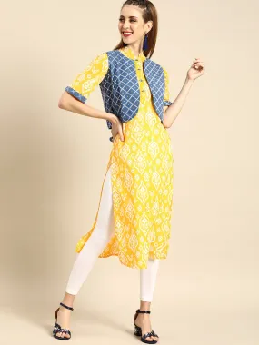 Women Yellow Calf Length Short Sleeves Straight Ethnic Motifs Printed Cotton Kurta With Jacket