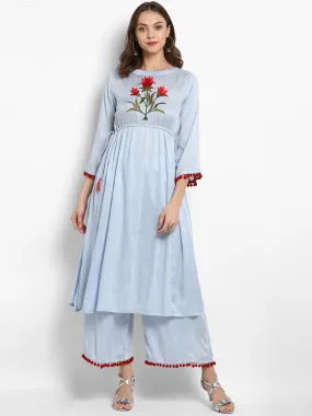 Women'S Blue Embroidered Kurta With Palazzos