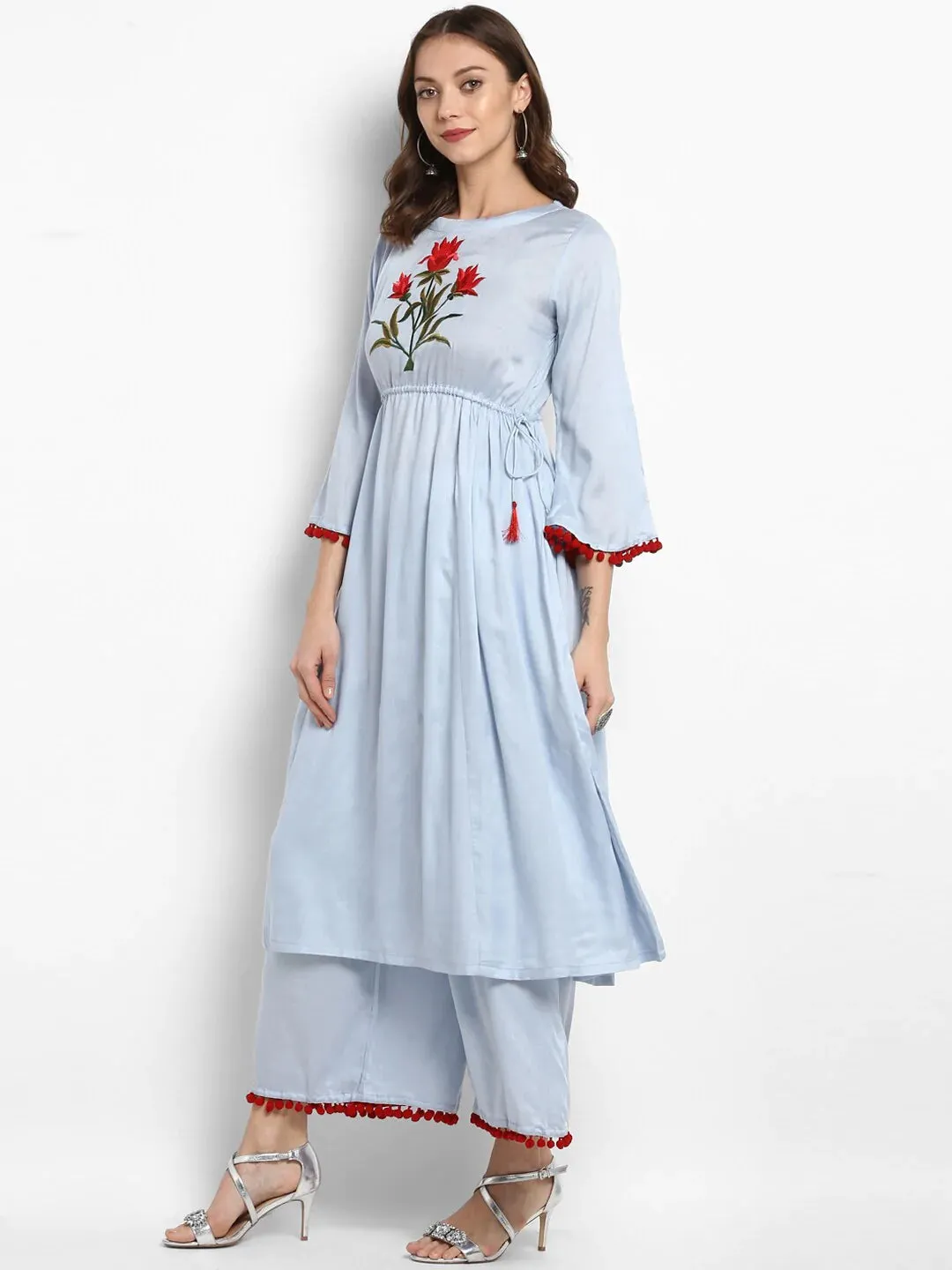 Women'S Blue Embroidered Kurta With Palazzos