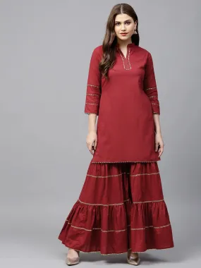 Women'S Maroon Solid Kurta With Sharara