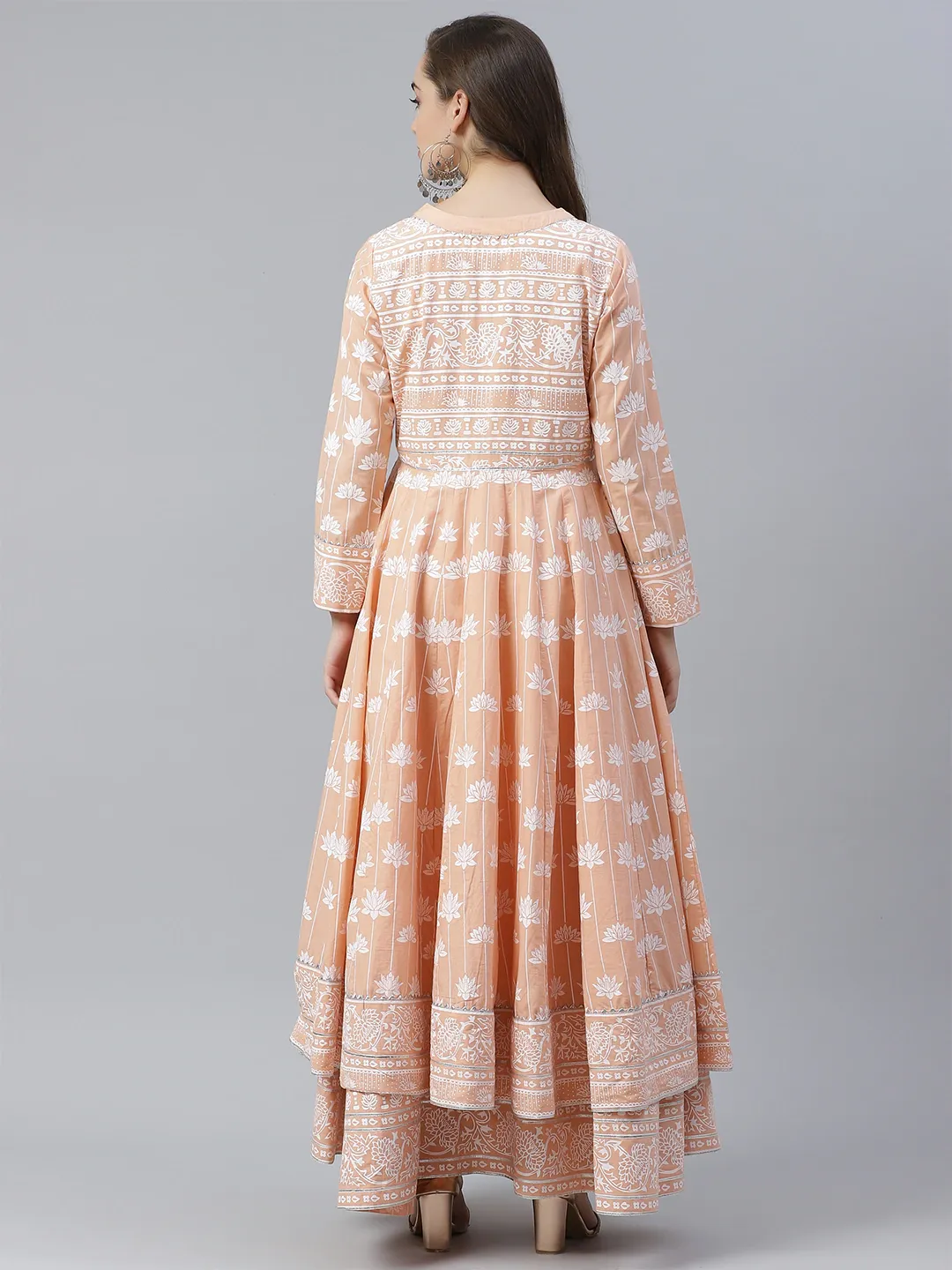 Women'S Peach Double Layered Cotton Flared Kurta With Jacket