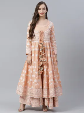 Women'S Peach Double Layered Cotton Flared Kurta With Jacket
