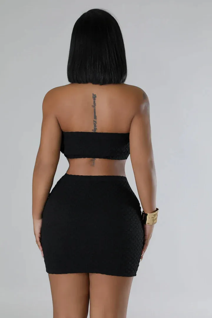 Women's Plush Pattern Fitted Black Mini Skirt Set