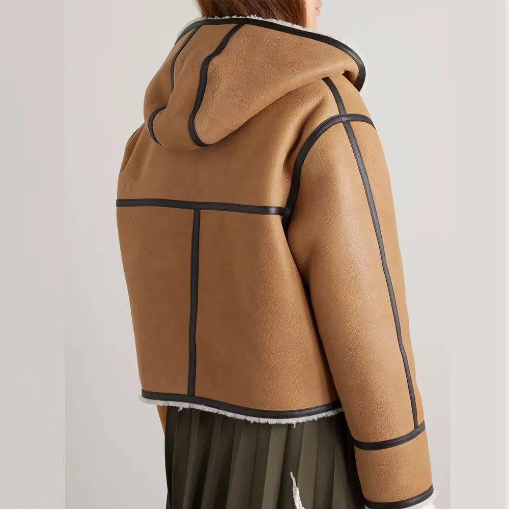 Women's RAF B3 Hooded Leather-trimmed Sheepskin Shearling Bomber Leather Jacket