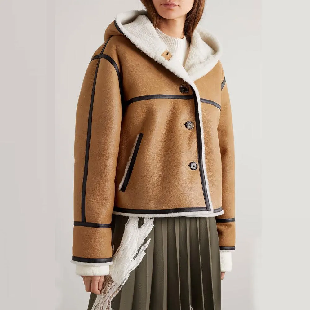Women's RAF B3 Hooded Leather-trimmed Sheepskin Shearling Bomber Leather Jacket