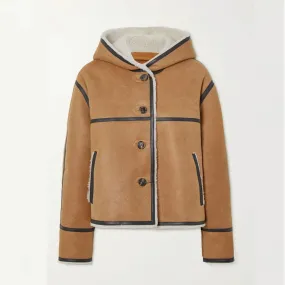Women's RAF B3 Hooded Leather-trimmed Sheepskin Shearling Bomber Leather Jacket