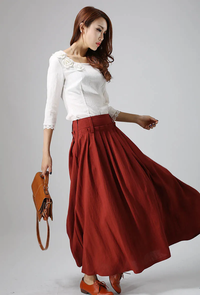 women's red long maxi linen skirt 0816#