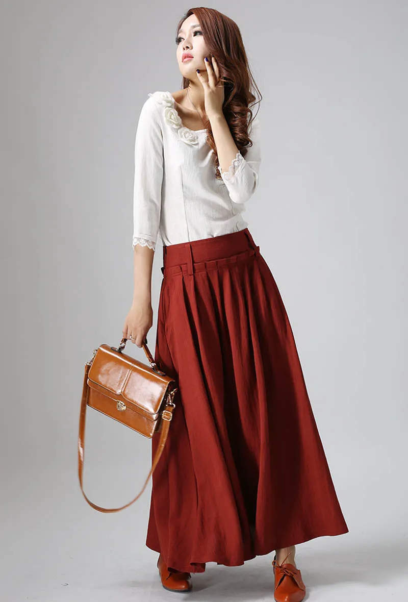 women's red long maxi linen skirt 0816#