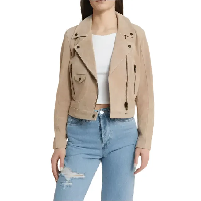 Women's Tan Beige Suede Biker Leather Jacket – Chic & Stylish