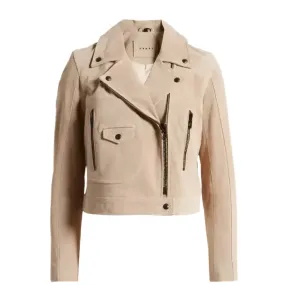 Women's Tan Beige Suede Biker Leather Jacket – Chic & Stylish