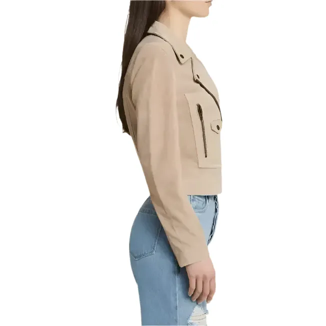 Women's Tan Beige Suede Biker Leather Jacket – Chic & Stylish