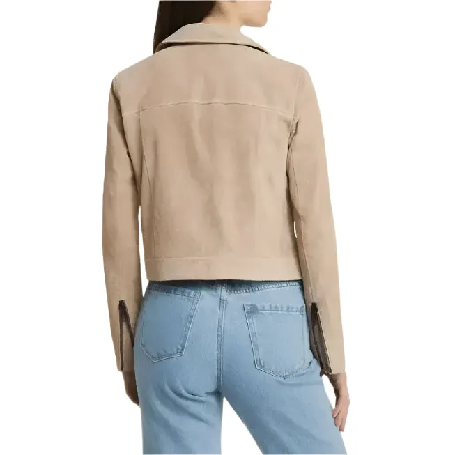 Women's Tan Beige Suede Biker Leather Jacket – Chic & Stylish