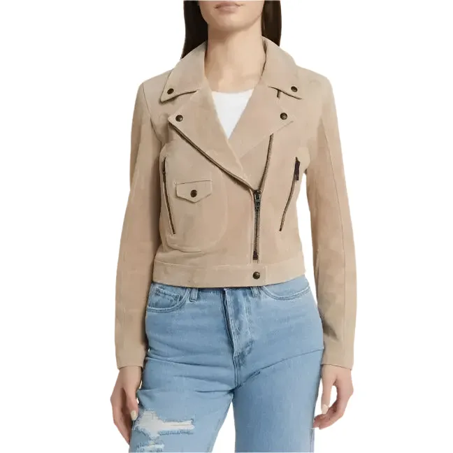 Women's Tan Beige Suede Biker Leather Jacket – Chic & Stylish