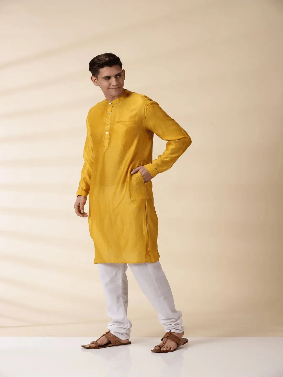 Yellow Chanderi Men Jacket & Kurta Set