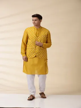 Yellow Chanderi Men Jacket & Kurta Set